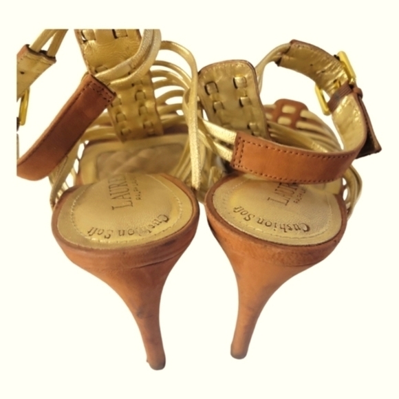 Lauren Ralph Lauren Tan/Gold Cushion Soft Strappy Suede Leather Heels Sandals - Picture 3 of 8